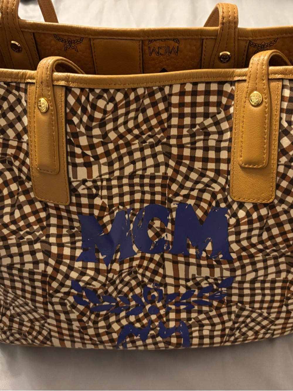 MCM Cognac Logo-Print Tote with Black Accents
